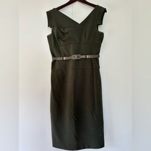 Adrianna Papell Belted Olive Asymmetrical Neck Dress